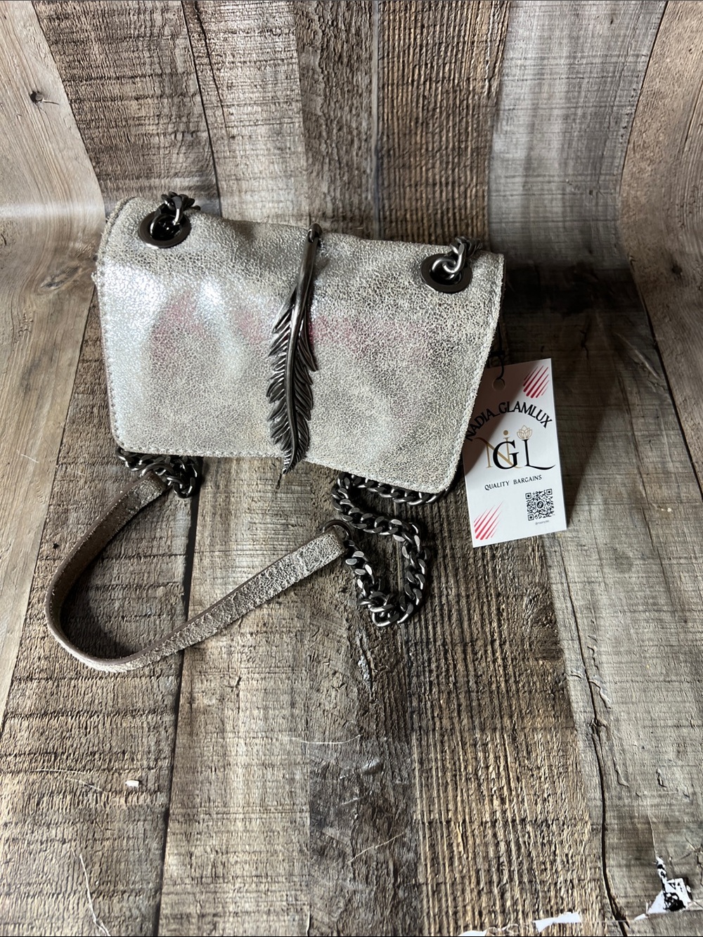 Zara Silver Metallic mini Crossbody Bag with Feather Detail